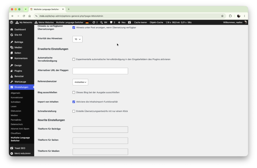 Screenshot: Erweiterte Einstellungen des Multisite Language Switchers